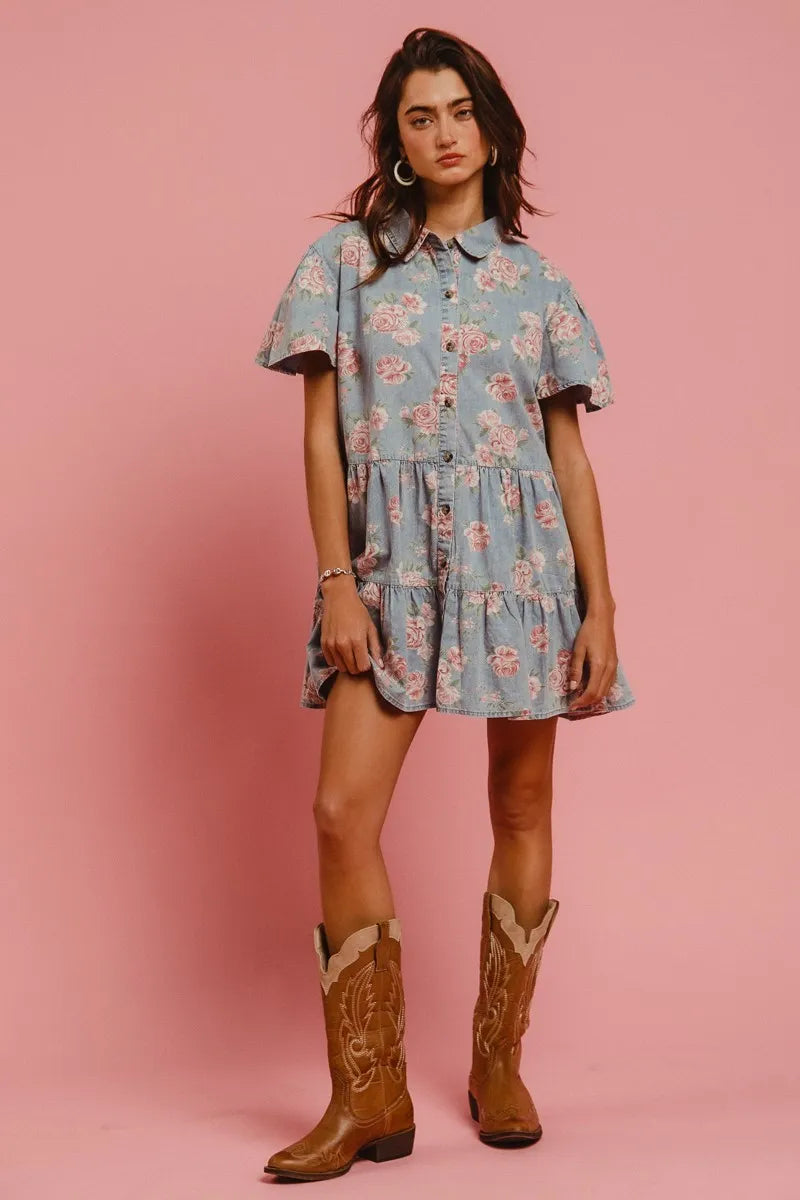 Full body view of model in Isla Tiered Shirt Dress highlighting feminine flutter sleeves and tiered mini skirt.