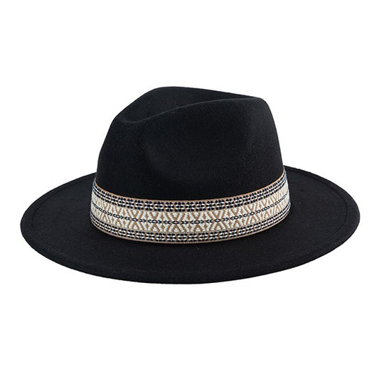Black Benedita Boho Fedora Hat with embroidered band on white background.
