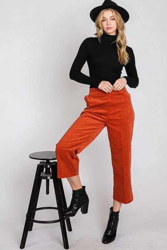 Lulu Plus Size Ribbed Velvet Pants in Rust, cropped wide leg style