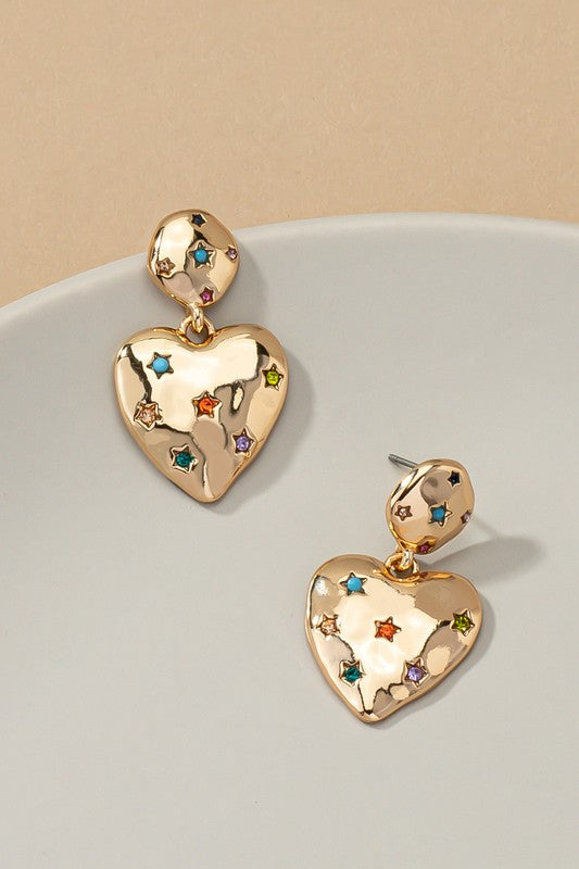 Pair of gold-plated Puffy Heart Earrings with colorful rhinestone star accents and a polished mirror finish.