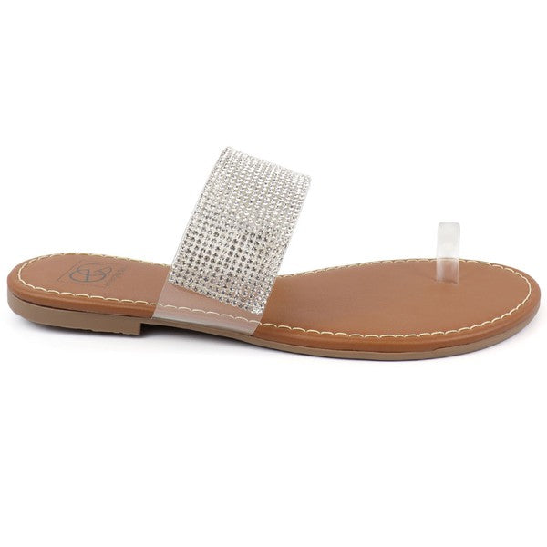 Single Kylie Rhinestone Toe Ring Sandal with clear textured straps and silver rhinestone accents.