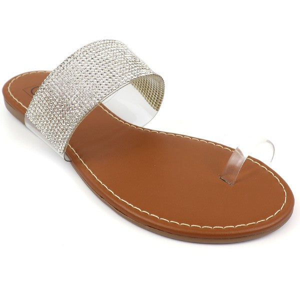 Side angle view of a single Kylie Rhinestone Toe Ring Sandal showcasing the toe ring design and rhinestone details.