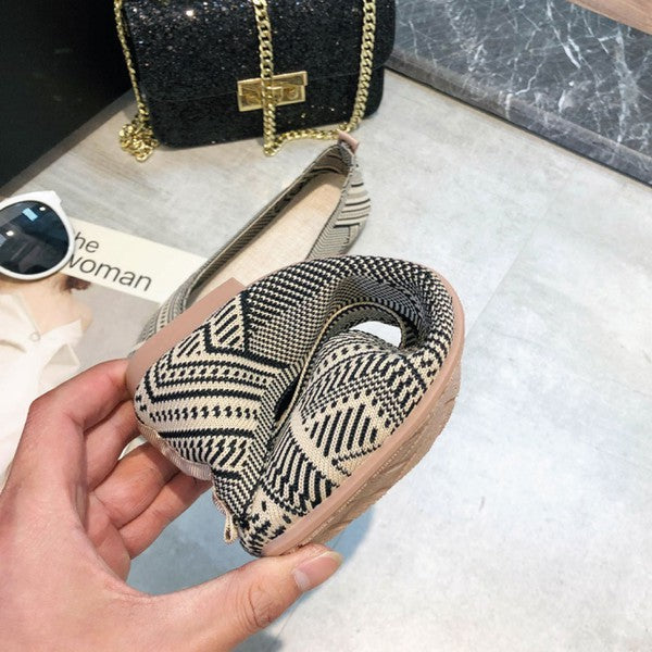 Yara Boho Flat Shoes in a grey and beige boho-inspired pattern, made from breathable recycled plastic knit, featuring a square-toe design, flat 0.34-inch heel, and sock-like fit for eco-friendly comfort.