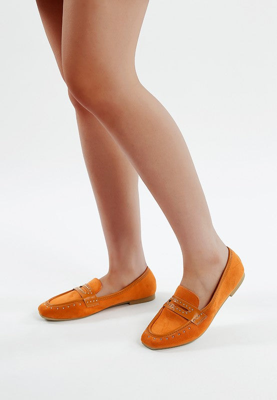 Tan Lumina Penny Strap Studded Loafers.