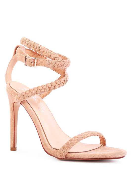 Nude Sherri Suede Stiletto Sandals showing suede braided toe strap and open square toe design