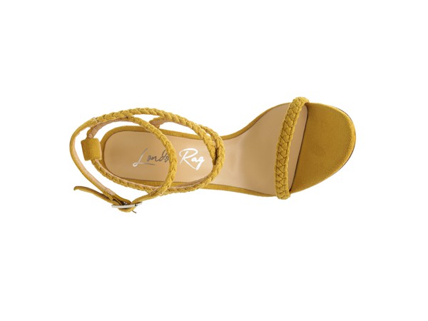 Yellow Sherri Suede Stiletto Sandals showing braided ankle wrap design from top view