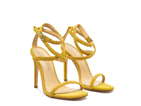 Yellow Sherri Suede Stiletto Sandals displayed as a pair with braided strap details