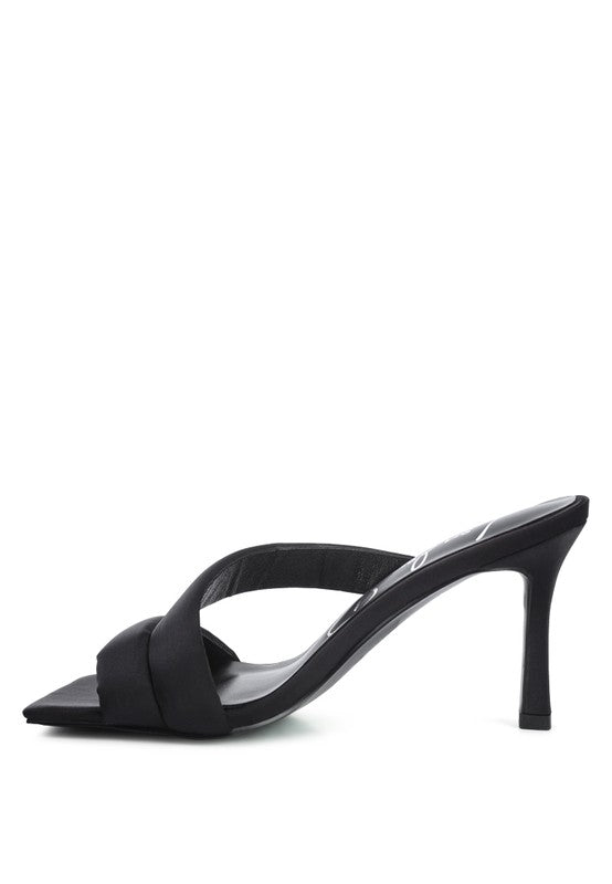 Side view of Spice Up Cross Strap Heels in black satin