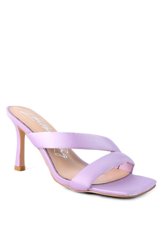 Spice Up Cross Strap Heels in purple satin with square toe and slim heel