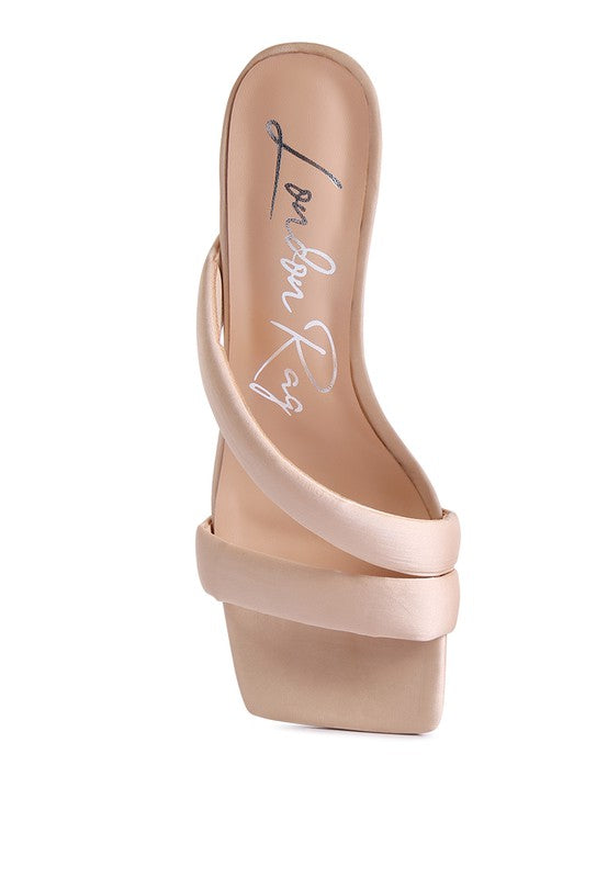 Top view showing cream satin cross strap and square open toe design