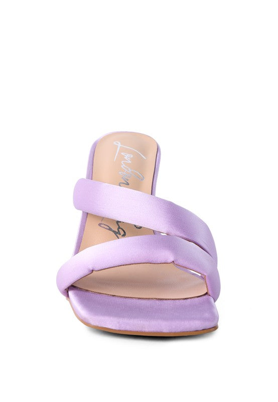 Front view of purple Spice Up Cross Strap Heels with satin straps and cushion insole