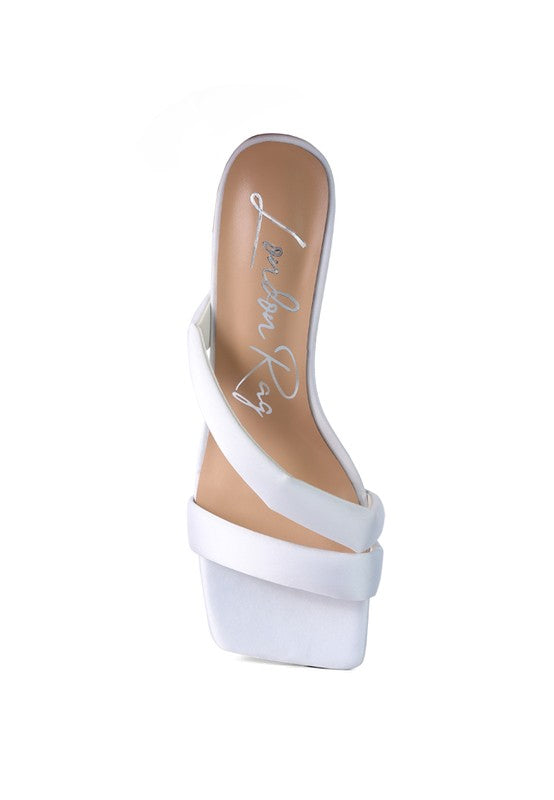 Top view of off white Spice Up Cross Strap Heels with satin straps