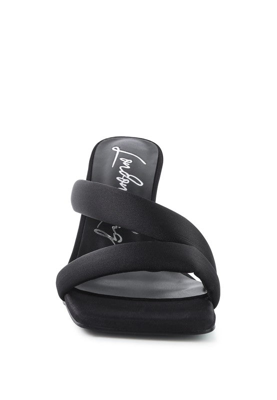 Front view of black Spice Up Cross Strap Heels with satin straps