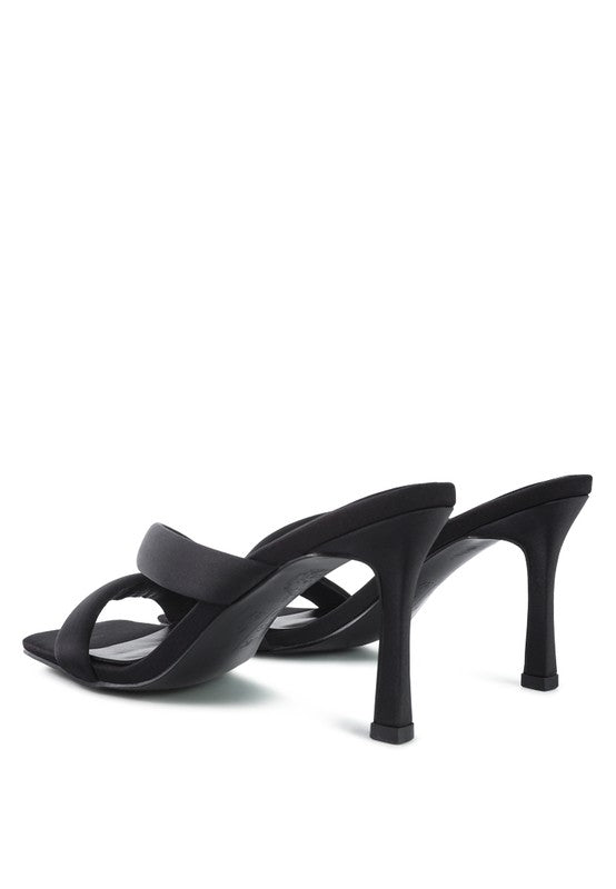 Black satin Spice Up Cross Strap Heels, pair with back angle view