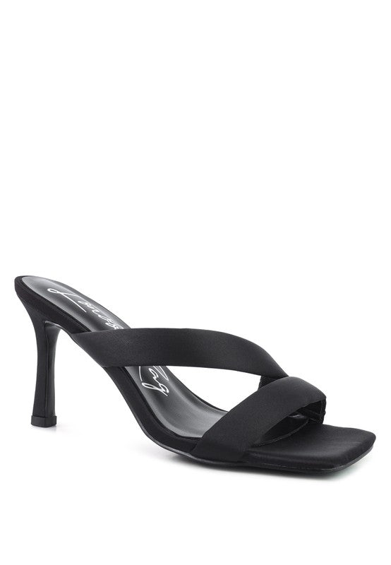 Spice Up Cross Strap Heels in black satin with square toe design