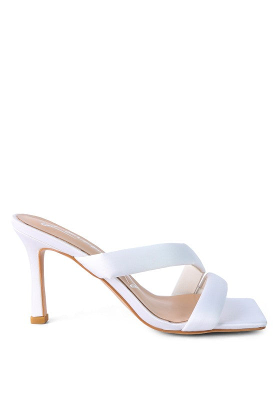 Side profile of off white Spice Up Cross Strap Heels, satin straps