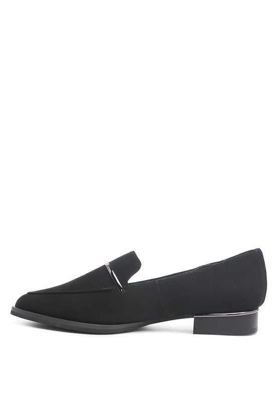 Side view of Black Paulina Suede Leather Loafers with metallic strap detail and cushioned insole.