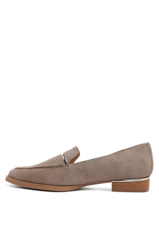 Medial side view of Taupe Paulina Suede Leather Loafers showing cushioned insole and slip-on design.