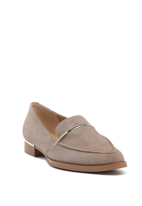 Front angle of Taupe Paulina Suede Leather Loafers with metallic strap detail and pointed curved toe.