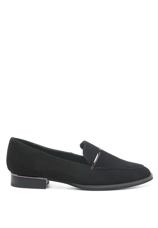 Side view of Black Paulina Suede Leather Loafers highlighting pointed curved toe and slip-on design