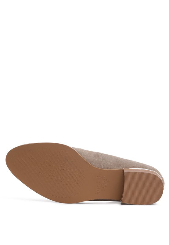 Bottom view of Taupe Paulina Suede Leather Loafers highlighting durable rubber sole and flat heel.