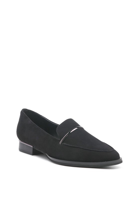 Front angle of Black Paulina Suede Leather Loafers with metallic detail across heel and upper strap.