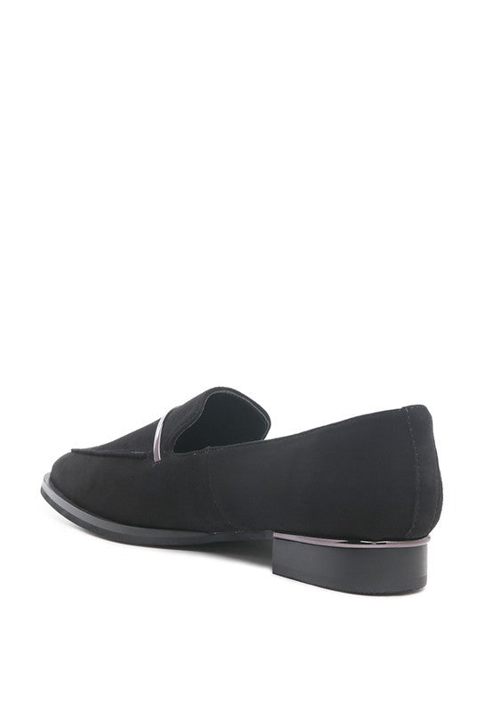Back side angle of Black Paulina Suede Leather Loafers showing metallic heel accent and suede finish.