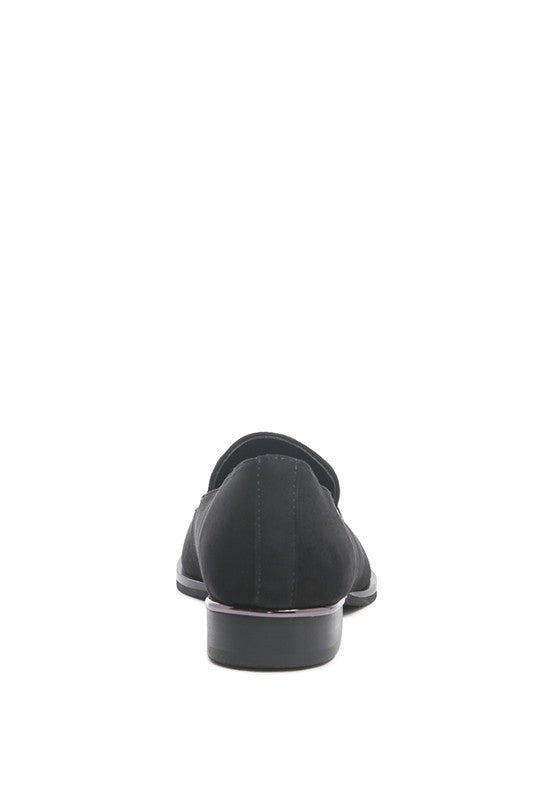 Back view of Black Paulina Suede Leather Loafers with metallic heel accent and rubber sole.