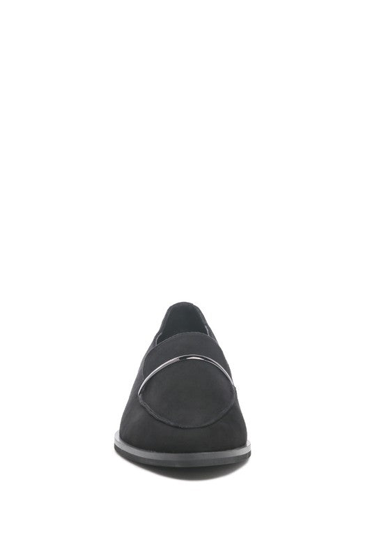 Front view of Black Paulina Suede Leather Loafers showing pointed curved toe and sleek metallic strap.
