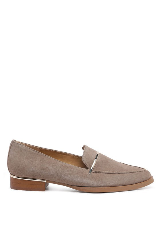 Side view of Taupe Paulina Suede Leather Loafers highlighting metallic heel accent and suede finish.