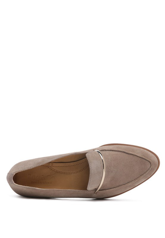 Top view of Taupe Paulina Suede Leather Loafers with pointed curved toe and metallic strap detail.