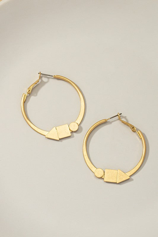 Pair of worn gold Geo Shapes Flat Hoop Earrings with geometric accents at the base for a modern, stylish look.
