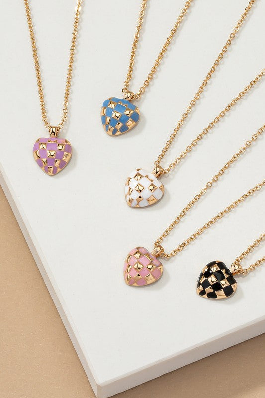 A collection of heart-shaped pendant necklaces with a checkered pattern in various colors including black, cream, lavender, pink, and turquoise.