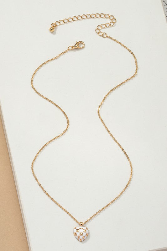 Mayley Checker Heart Pendant Necklace in white with checkered heart charm.