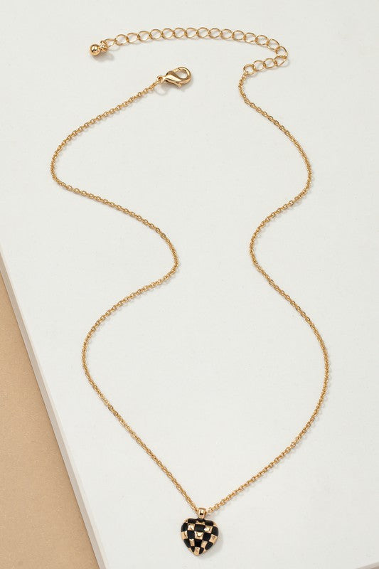 Mayley Checker Heart Pendant Necklace in black with checkered heart charm.