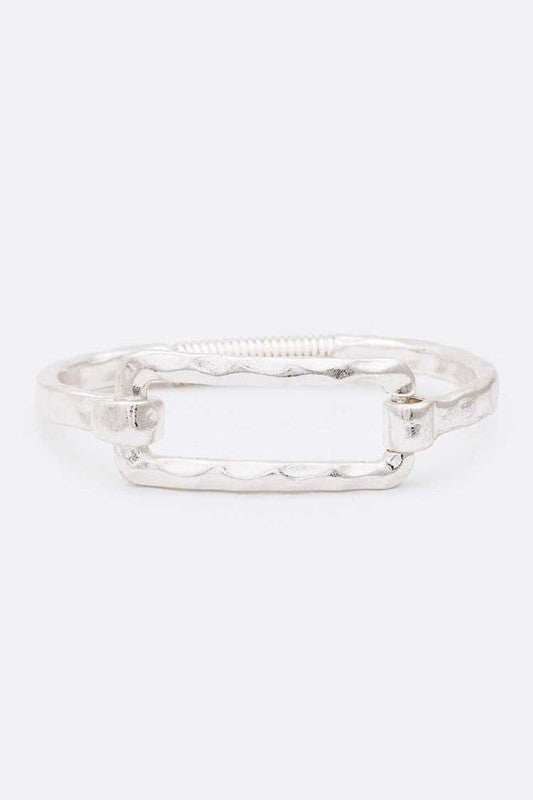 Emma Rectangle Hammered Spring Bangle in worn silver with square front and hammered texture.