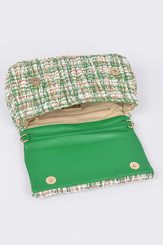 Open green Madeline Quilted Tweed Shoulder Bag revealing spacious interior compartment.