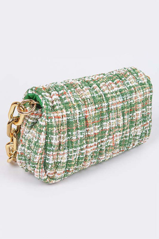 Back view of green Madeline Quilted Tweed Shoulder Bag with quilted tweed texture.