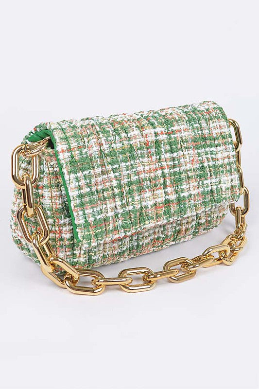 Green Madeline Quilted Tweed Shoulder Bag without strap, showing chunky gold chain handle.