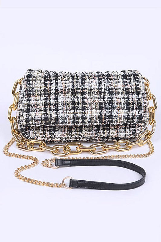 Black Madeline quilted tweed shoulder bag with chunky gold chain and vegan leather strap for versatile styling.