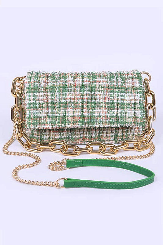 Green Madeline quilted tweed shoulder bag with chunky gold chain and vegan leather strap for versatile styling.