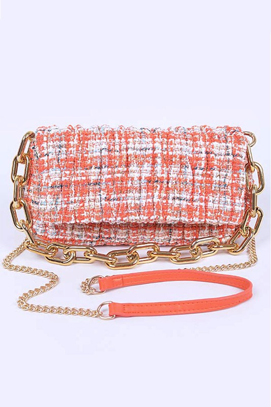 Orange Madeline quilted tweed shoulder bag with chunky gold chain and vegan leather strap for versatile styling.