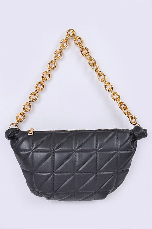 Front view of Mona Quilted Shoulder Bag in black with chunky gold chain and gold hardware.