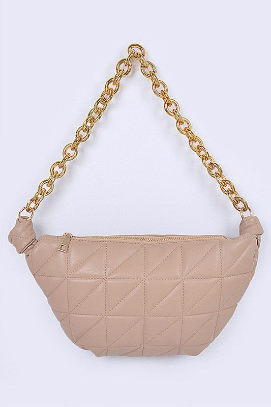 Front view of Mona Quilted Shoulder Bag in nude with chunky gold chain and gold hardware.