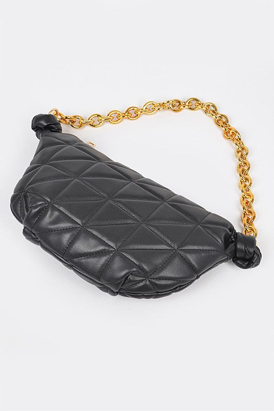 Black Mona Quilted Shoulder Bag lying flat to display quilted design and gold chain detail.