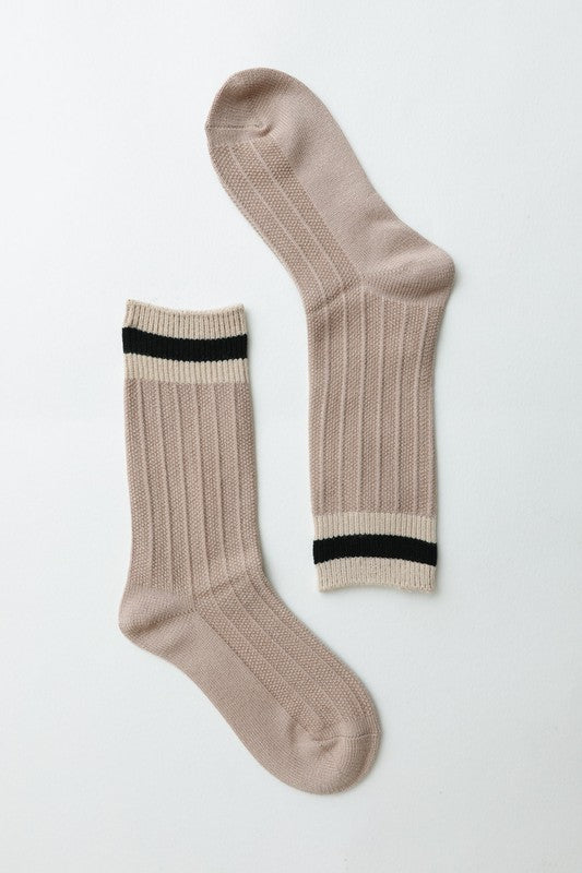 Flat lay of tan Simone Color Block Socks with contrasting cuff