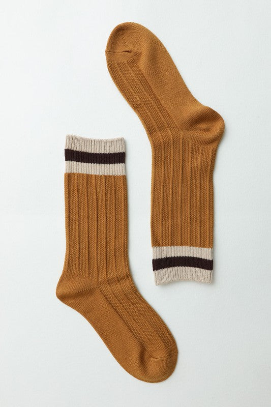 Flat lay of mustard Simone Color Block Socks with bold cuff detail