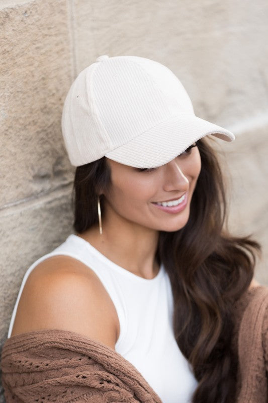 Lindy Corduroy Boyfriend Ball Cap in Beige, relaxed fit with textured corduroy finish