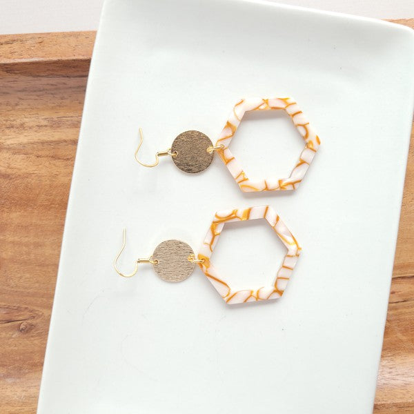Lennox Hexagon Dangle Earrings - Pumpkin Spice with Gold Accents