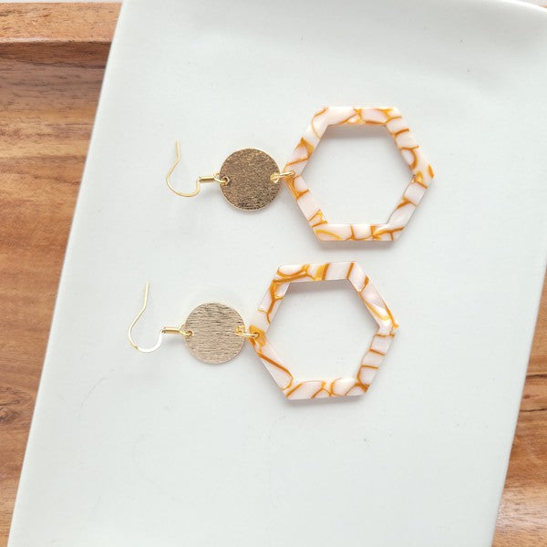 Lennox Hexagon Dangle Earrings - Pumpkin Spice with Gold Accents